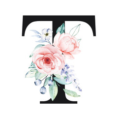 Floral alphabet, letter T with watercolor flowers and leaf. Black monogram initials perfectly for wedding invitation, greeting card, logo, poster and other. Holiday design hand drawn.