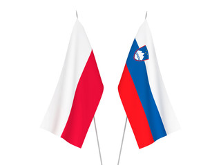 National fabric flags of Slovenia and Poland isolated on white background. 3d rendering illustration.