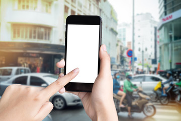 woman hand holding smartphone on city  in morning blur background  with clipping path