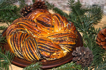 Traditional lithuanian poppy seed cake on a clay plate stands behind the fir branch. Selective focus