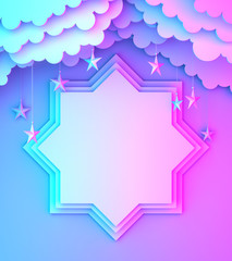 Eight point star paper cut, cloud, star on  blue pink violet gradient background copy space text. Design creative concept for islamic celebration day ramadan kareem or eid al fitr adha. 3d render.