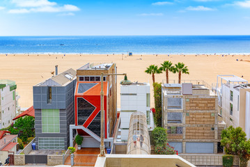 View of the beach of Santa Monica and the Pacific Ocean. Suburbs of Los Angeles.