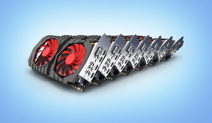 Video Graphic cards GPU laid out in a row isolated on blue gradient background 3d render