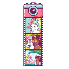 Cute flat design camera with unicorn photo film