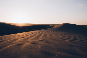 Obraz na płótnie Canvas Beautiful sand dunes ripples in the desert, warm dry sand at sunset. Nature landscape. Huacachina desert, Ica Region, Peru. Toned image.