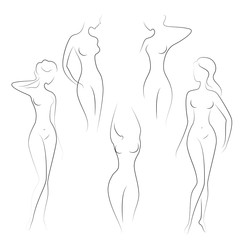 Silhouettes of lovely ladies. Beautiful girls stand in different poses. The figures of women are nude, feminine and slender. Vector illustration