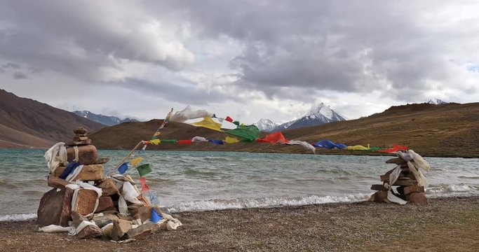 Travel to Himalaya mountains in north India, Spiti Valley, Himachal Pradesh. Chandra Taal lake with Buddhist traditional decoarations