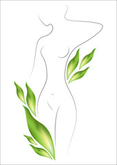 Silhouette of a beautiful lady. The girl is slim and elegant. Near it there are green leaves. Suitable for cosmetics advertising. Vector illustration