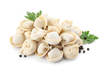 Raw dumplings on white background. Home cooking