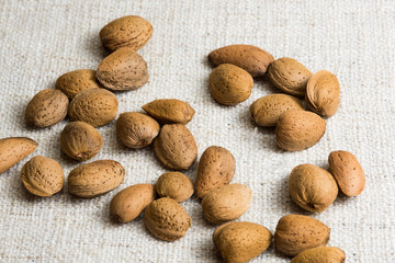Almonds nut in shell on beige fabric texture
