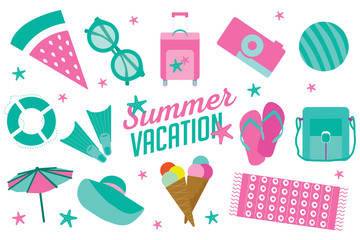 Summer vacation icon set in flat cartoon style
