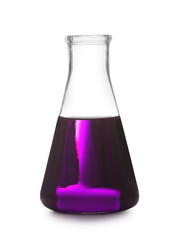 Glass flask with liquid on white background. Solution chemistry