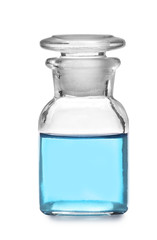 Laboratory glassware with liquid on white background. Solution chemistry