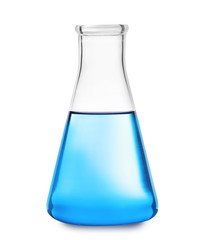 Glass flask with liquid on white background. Solution chemistry