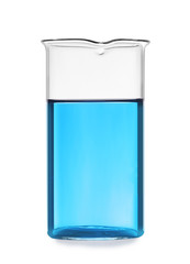 Glass beaker with liquid on white background. Solution chemistry