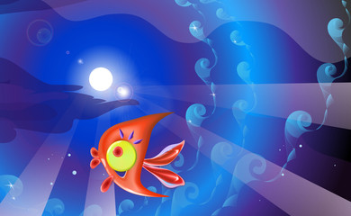 Obraz na płótnie Canvas Red plastic toy fish and background in blue tones. Sea coral reef vector illustration of little cartoon funny illustration for marine banner design. This happy character is a tropical. Vector Eps10