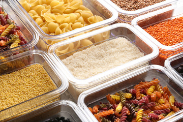 Many boxes with different raw food, closeup