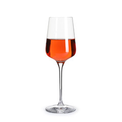 Glass of delicious expensive wine on white background