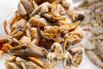 Fresh crab claws on ice. Mediterranean tasty premium quality seafood