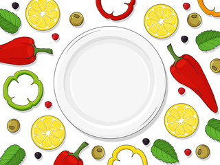 template for your design. empty plate on white background, lemons, chilli, pepper. hand drawn. For packaging, advertisements, menu for cafe and restaurants. Vector illustration. blank for text.