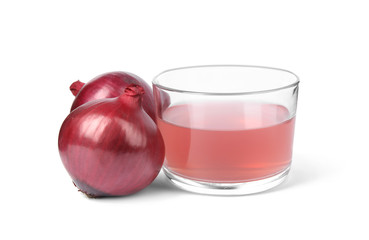 Glass of onion syrup and fresh ingredient on white background