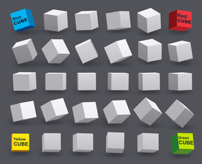 Fototapeta na wymiar Set of white cubes in various tilt angles. 3D model of geometric shapes.