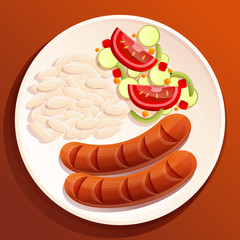 cartoon plate on the table with sausages rice and salad, vector illustration