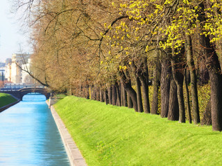 The awakening of nature, spring. Summer Garden of St. Petersburg. Swan Canal