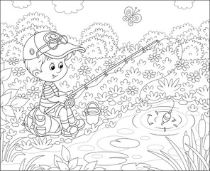 Little boy with a fishing-rod catching fish in a small pond on a sunny summer day, black and white vector illustration in a cartoon style for a coloring book