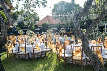 Wedding outdoor table set up. Beautiful garden wedding venue
