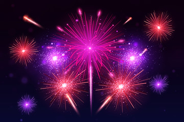 Fototapeta premium Colorful fireworks set. Bright festive realistic vector fireworks illustration. New Year Christmas firework. Firework explosion, star or stardust, bright colors background.