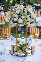 Wedding table decor setting. Festive banquet dinner decoration