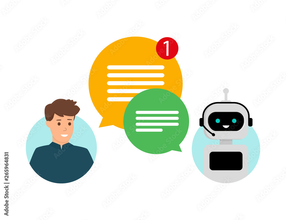 Poster concept chatbot. human talk with robot. customer service and support. vector illustration isolated o