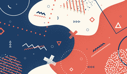 Creative abstract background with geometric shapes. Retro memphis style. Grunge. Vector illustration colorful spotty pattern with lines and dots.