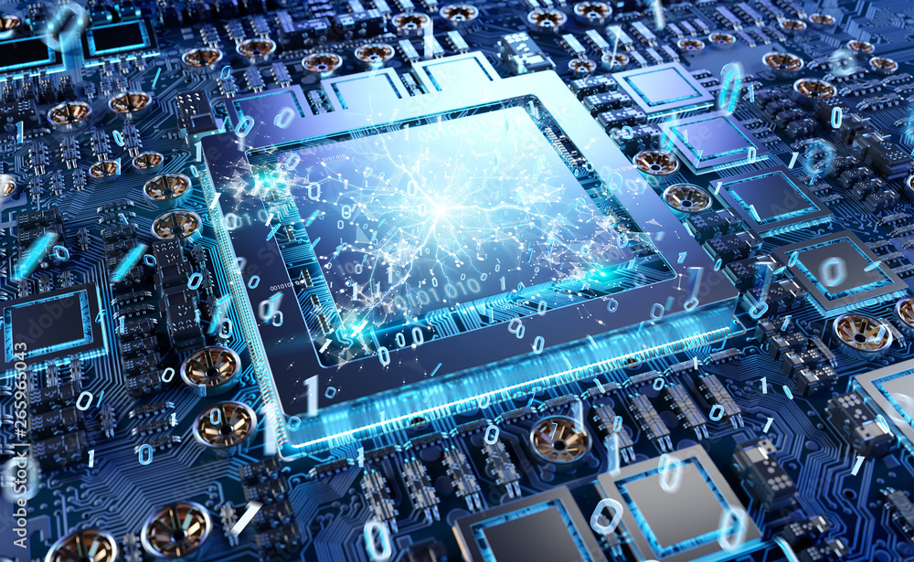 Aufkleber Close-up view of a modern GPU card with connections 3D rendering