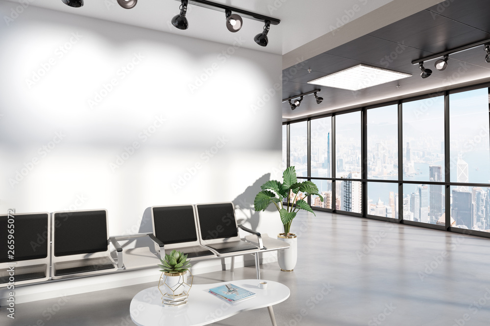 Poster Blank wall in waiting room mockup with large windows and sun passing through 3D rendering