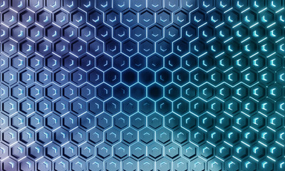 Glowing black and blue hexagons background pattern on silver metal surface 3D rendering