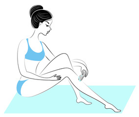 Profile of a beautiful lady. A girl makes a depilation of her legs by a epilator herself. Vector illustration
