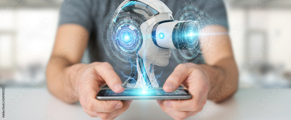 Poster businessman using virtual reality and artificial intelligence 3d rendering
