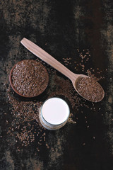 Flax milk and flaxseeds. Vegan milk concept. Keto diet Keto drinks.