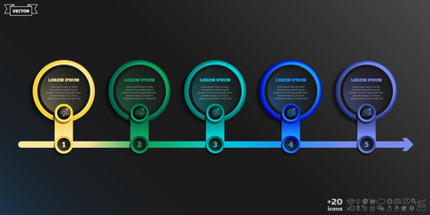 Timeline infographics design with colorful circle. Business concept. 5 options, parts, steps. Can be used for graph, diagram, chart, workflow layout, number options, web. Vector illustration.