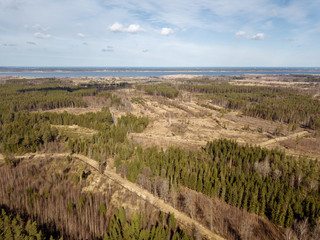 aerial view of countryside endless green forests with small lakes