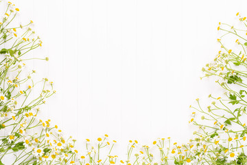Obraz na płótnie Canvas Chamomile flowers floral framee. Flat lay, top view.