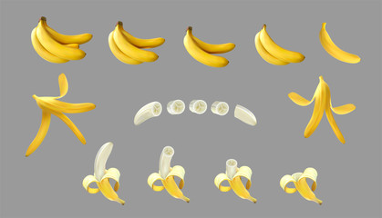 Bananas vector big realistic set 3d illustration. Whole, half peeled, bunch of bananas, sliced, banana peel. Tasty sweet yellow bananas for advertising and package design. Isolated on white 
