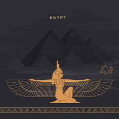 Vector illustration Egyptian fertility goddess Isis isolated on hand-drawn background from Egyptian pyramids, symbol of femininity and marital fidelity, goddess of navigation, daughter of Hebe and Nut - obrazy, fototapety, plakaty