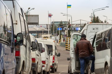 SHEGINI, UKRAINE - March, 2019: Traffic jam at the Shegini-Medyka checkpoint at the...