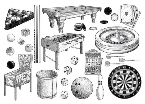 Gambling games collection, illustration, drawing, engraving, ink, line art, vector