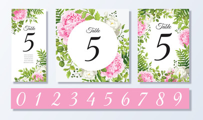   Wedding Itable number. Floral design with green watercolor fern leaves, flowers pink and white flower rose, peony, foliage greenery decorative frame print. Vector elegant cute rustic greeting invite