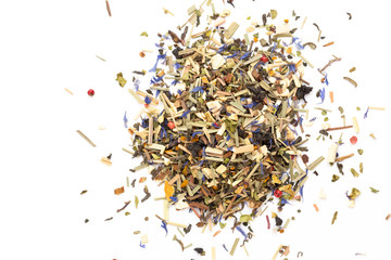 Herbal tea on a white background. Top view.