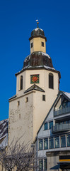 Fototapeta na wymiar Winnender Stadtkirche St. Bernhard Vertorama von Wallstraße aus